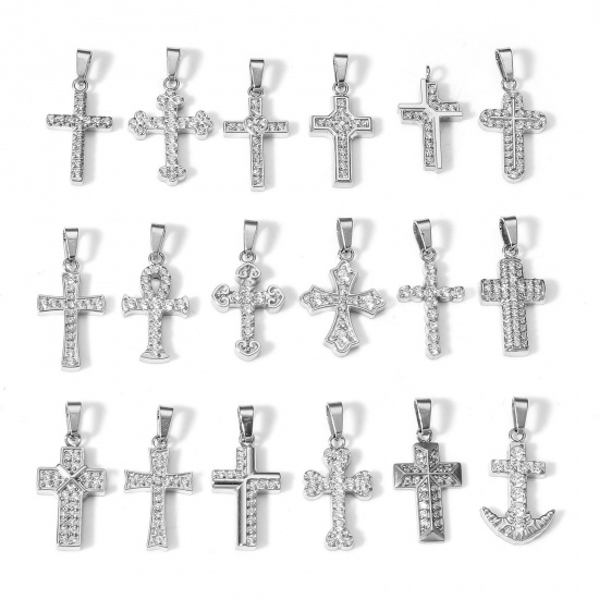 Picture of Eco-friendly Vacuum Plating 304 Stainless Steel Religious Charm Pendant Real Platinum Plated Cross Micro Pave