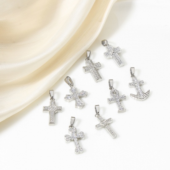 Picture of Eco-friendly Vacuum Plating 304 Stainless Steel Religious Charm Pendant Real Platinum Plated Cross Micro Pave