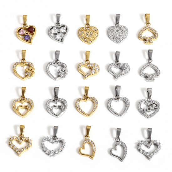 Picture of Eco-friendly Vacuum Plating 304 Stainless Steel Valentine's Day Charm Pendant Real Gold Plated Heart Micro Pave