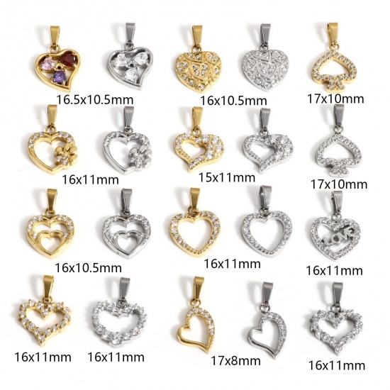 Picture of Eco-friendly Vacuum Plating 304 Stainless Steel Valentine's Day Charm Pendant Real Gold Plated Heart Micro Pave