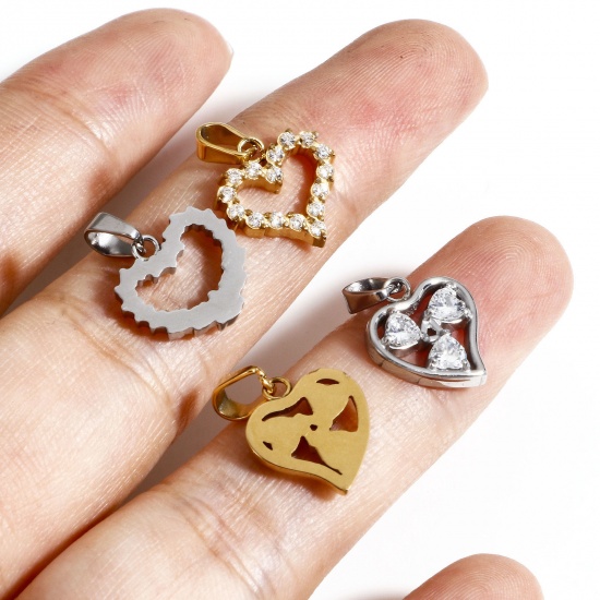 Picture of Eco-friendly Vacuum Plating 304 Stainless Steel Valentine's Day Charm Pendant Real Gold Plated Heart Micro Pave