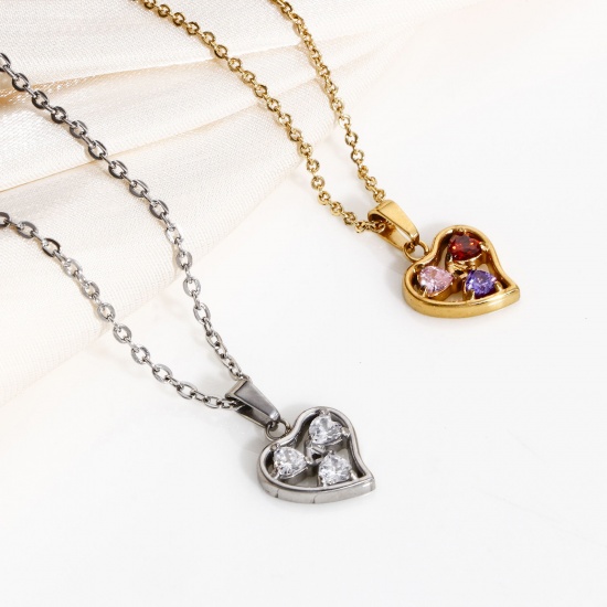 Picture of Eco-friendly Vacuum Plating 304 Stainless Steel Valentine's Day Charm Pendant Real Gold Plated Heart Micro Pave