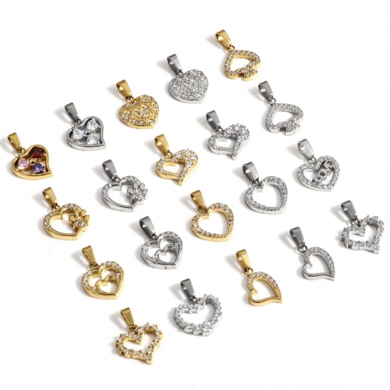 Picture of Eco-friendly Vacuum Plating 304 Stainless Steel Valentine's Day Charm Pendant Real Gold Plated Heart Micro Pave