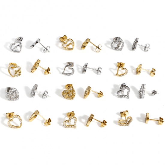 Immagine di 1 Paio Placcatura Sottovuoto Ecologica 304 Acciaio Inossidabile San Valentino Orecchini a Perno Oro riempito Cuore Micro Spianare Trasparente Cubic Zirconiae Posta / Filo Dimensione: 0.8mm