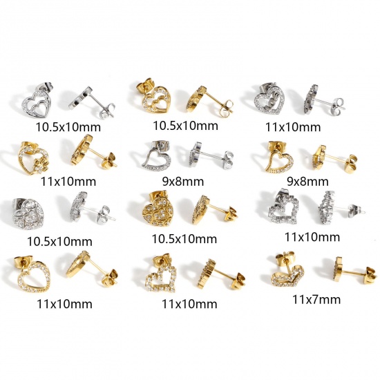 Immagine di 1 Paio Placcatura Sottovuoto Ecologica 304 Acciaio Inossidabile San Valentino Orecchini a Perno Oro riempito Cuore Micro Spianare Trasparente Cubic Zirconiae Posta / Filo Dimensione: 0.8mm