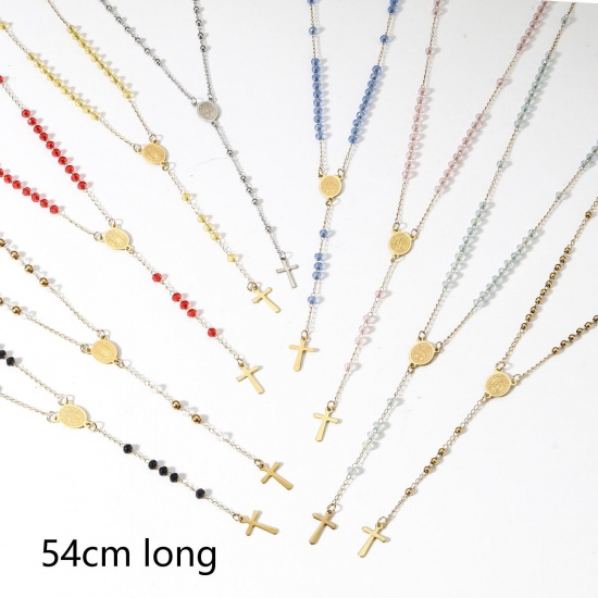 Picture of 304 Stainless Steel & Glass Religious Handmade Link Chain Prayer Beads Rosary Necklace Gold Plated Black Cross Virgin Mary 54cm(21 2/8") long