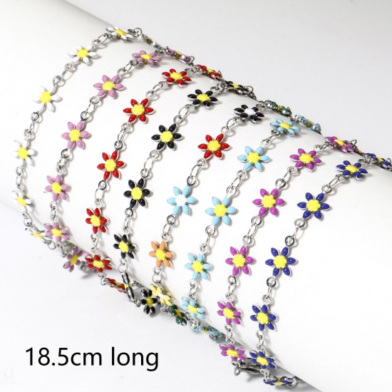 Image de 1 Pièce Bracelets en 304 Acier Inoxydable Argent Mat Marguerite Émail Double Face 18.5cm long