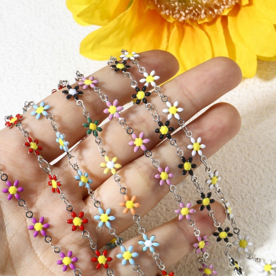 Image de 1 Pièce Bracelets en 304 Acier Inoxydable Argent Mat Marguerite Émail Double Face 18.5cm long