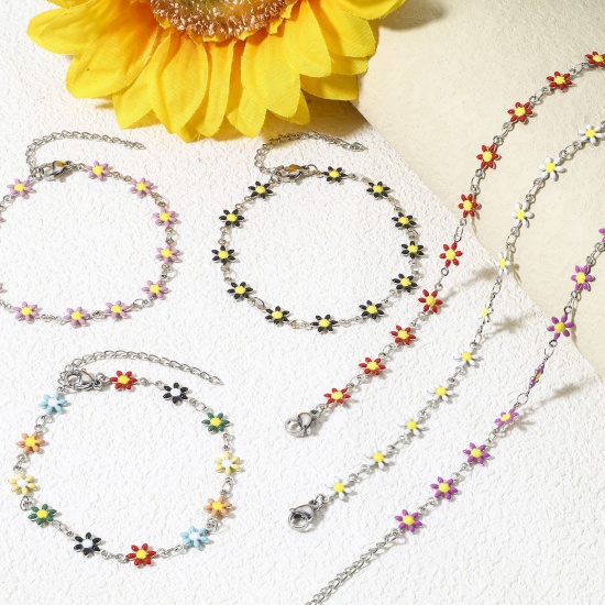 Image de 1 Pièce Bracelets en 304 Acier Inoxydable Argent Mat Marguerite Émail Double Face 18.5cm long