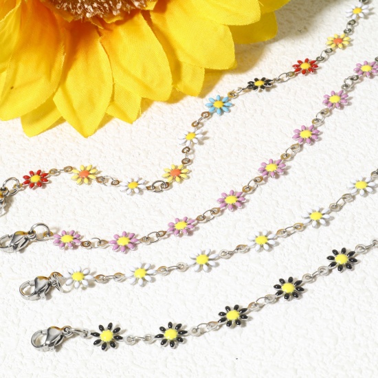 Image de 1 Pièce Bracelets en 304 Acier Inoxydable Argent Mat Marguerite Émail Double Face 18.5cm long