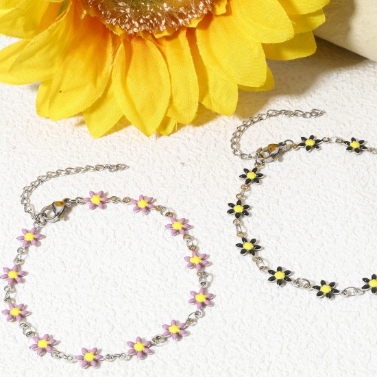Image de 1 Pièce Bracelets en 304 Acier Inoxydable Argent Mat Marguerite Émail Double Face 18.5cm long