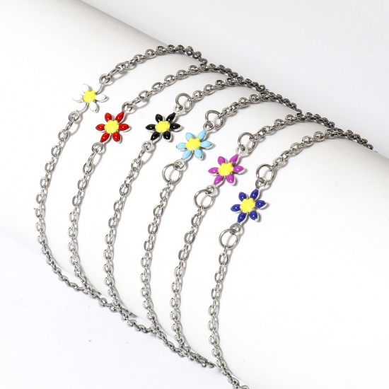 304 Stainless Steel Link Cable Chain Bracelets Silver Tone Daisy Flower  Double-sided Enamel 19cm(7 4/8