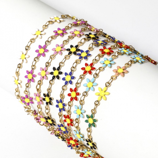 Picture of 304 Stainless Steel Bracelets Gold Plated Daisy Flower Double-sided Enamel 18.5cm(7 2/8") long