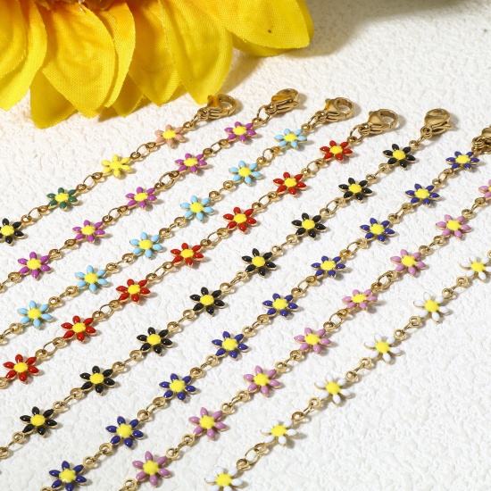Picture of 304 Stainless Steel Bracelets Gold Plated Daisy Flower Double-sided Enamel 18.5cm(7 2/8") long