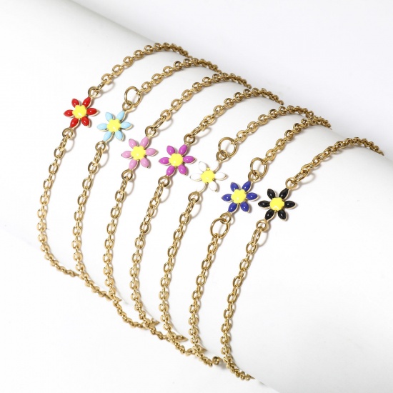 Picture of 304 Stainless Steel Link Cable Chain Bracelets Gold Plated Daisy Flower Double-sided Enamel 19cm(7 4/8") long