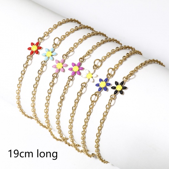 Picture of 304 Stainless Steel Link Cable Chain Bracelets Gold Plated Daisy Flower Double-sided Enamel 19cm(7 4/8") long