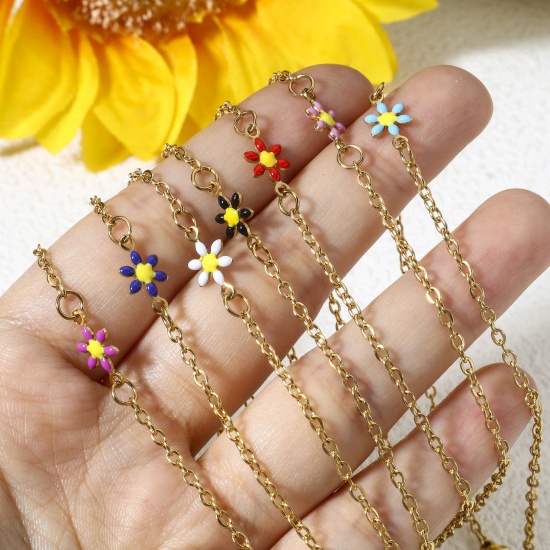 Picture of 304 Stainless Steel Link Cable Chain Bracelets Gold Plated Daisy Flower Double-sided Enamel 19cm(7 4/8") long