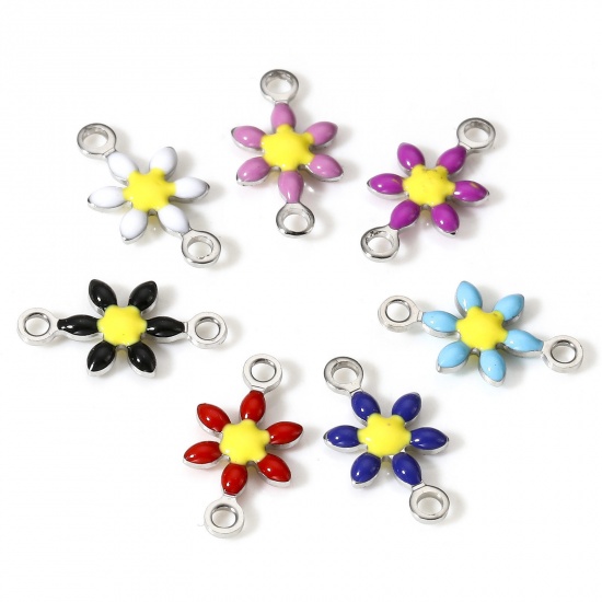 Picture of 304 Stainless Steel Connectors Charms Pendants Silver Tone Multicolor Flower Double-sided Enamel 12.5mm x 6.5mm