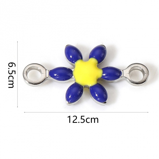 Picture of 304 Stainless Steel Connectors Charms Pendants Silver Tone Multicolor Flower Double-sided Enamel 12.5mm x 6.5mm