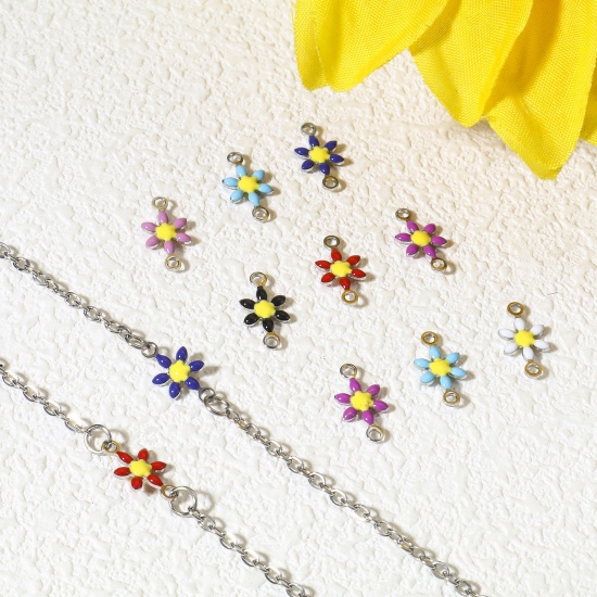 Immagine di 10 Pz 304 Acciaio Inossidabile Pendenti Charms Connettori Fiore Tono Argento Multicolore Smalto a Doppia Faccia 12.5mm x 6.5mm