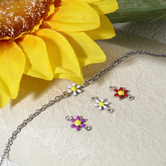 Immagine di 10 Pz 304 Acciaio Inossidabile Pendenti Charms Connettori Fiore Tono Argento Multicolore Smalto a Doppia Faccia 12.5mm x 6.5mm