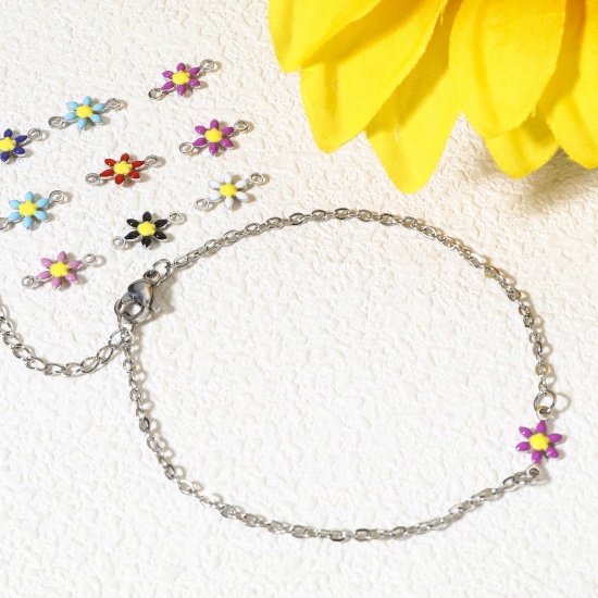 Immagine di 10 Pz 304 Acciaio Inossidabile Pendenti Charms Connettori Fiore Tono Argento Multicolore Smalto a Doppia Faccia 12.5mm x 6.5mm