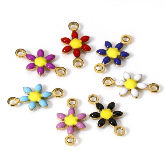 Bild von 10 Stück Vakuumbeschichtung 304 Edelstahl Steckverbinder Charms Anhänger Blumen Vergoldet Bunt Doppelseitige Emaille 12.5mm x 6.5mm