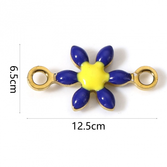 Bild von 10 Stück Vakuumbeschichtung 304 Edelstahl Steckverbinder Charms Anhänger Blumen Vergoldet Bunt Doppelseitige Emaille 12.5mm x 6.5mm