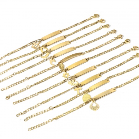 1 Pièce BraceletsÉtiquettes d'Estampage Vierges en 304 Acier Inoxydable Doré Pour Enfants 13.5cm long