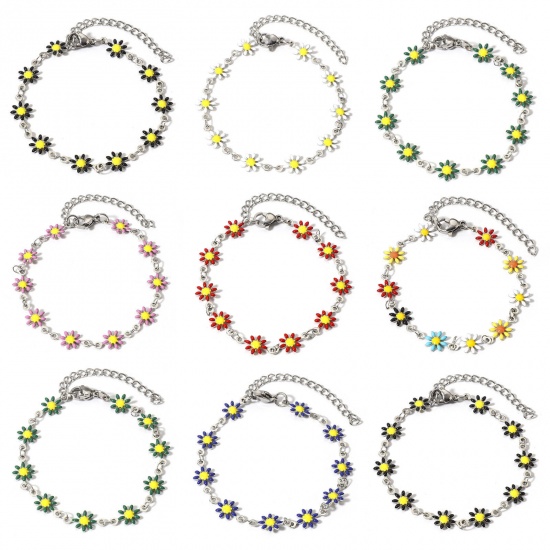 Immagine di 1 Pz 304 Acciaio Inossidabile Braccialetti Tono Argento Fiore Margherita Smalto a Doppia Faccia 16cm Lunghezza