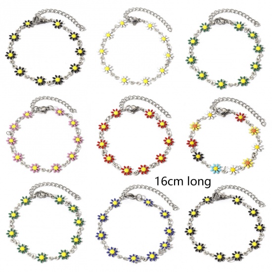 Immagine di 1 Pz 304 Acciaio Inossidabile Braccialetti Tono Argento Fiore Margherita Smalto a Doppia Faccia 16cm Lunghezza