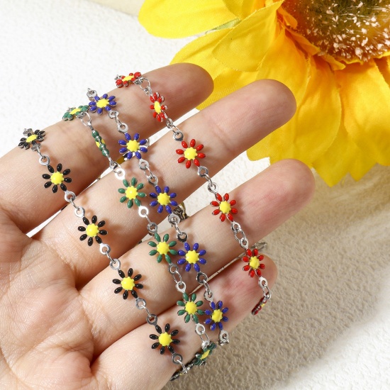 Immagine di 1 Pz 304 Acciaio Inossidabile Braccialetti Tono Argento Fiore Margherita Smalto a Doppia Faccia 16cm Lunghezza
