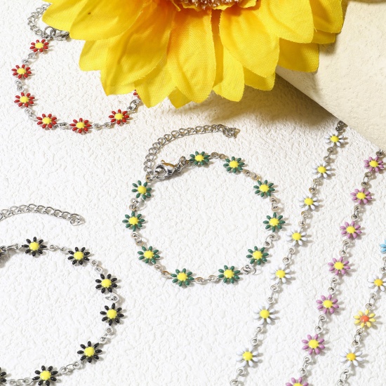 Immagine di 1 Pz 304 Acciaio Inossidabile Braccialetti Tono Argento Fiore Margherita Smalto a Doppia Faccia 16cm Lunghezza