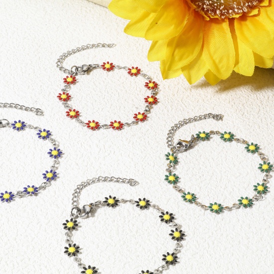 Immagine di 1 Pz 304 Acciaio Inossidabile Braccialetti Tono Argento Fiore Margherita Smalto a Doppia Faccia 16cm Lunghezza