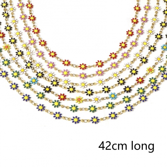 Picture of 304 Stainless Steel Handmade Link Chain Necklace Gold Plated Daisy Flower Double-sided Enamel 42cm(16 4/8") long
