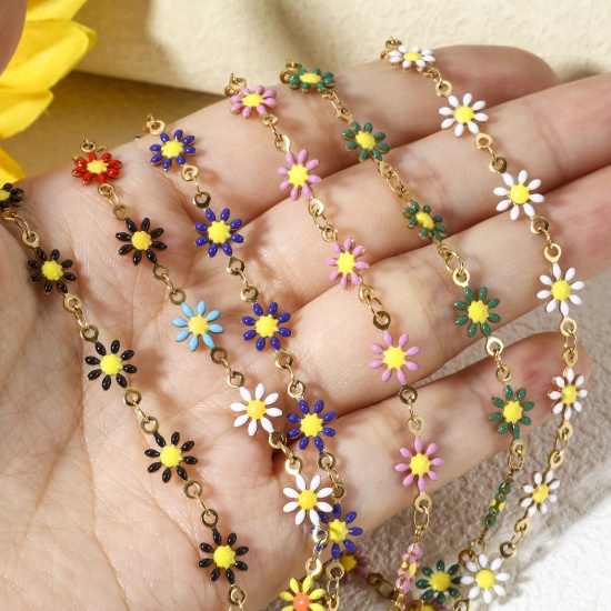 Picture of 304 Stainless Steel Handmade Link Chain Necklace Gold Plated Daisy Flower Double-sided Enamel 42cm(16 4/8") long
