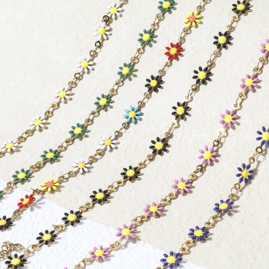 Picture of 304 Stainless Steel Handmade Link Chain Necklace Gold Plated Daisy Flower Double-sided Enamel 42cm(16 4/8") long