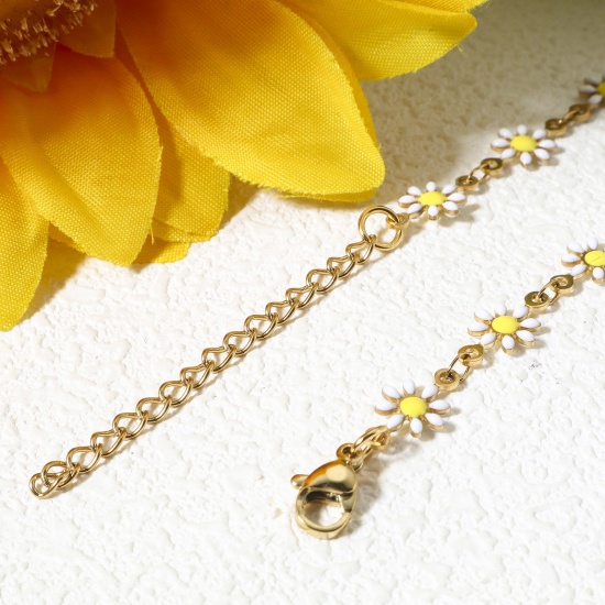 Picture of 304 Stainless Steel Handmade Link Chain Necklace Gold Plated Daisy Flower Double-sided Enamel 42cm(16 4/8") long