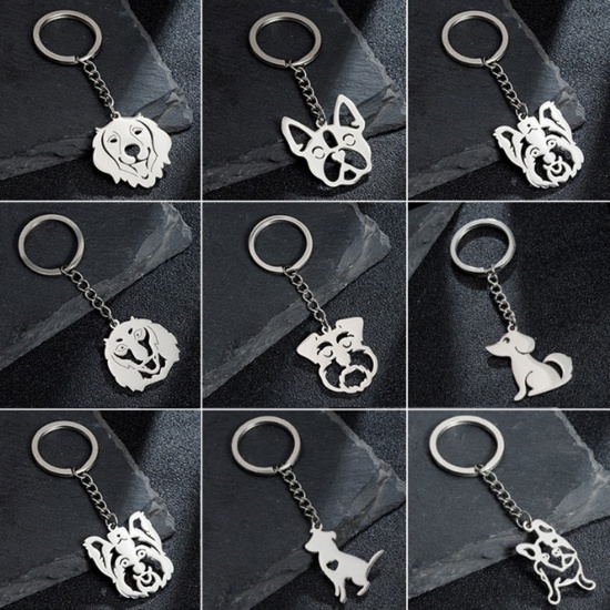 Picture of 304 Stainless Steel Bracelets & Keychain Dog Animal Silver Tone Hollow 30mm x 25mm