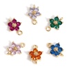 Picture of Copper Connectors Charms Pendants Flower 18K Real Gold Plated Multicolour Cubic Zirconia 12mm x 8mm