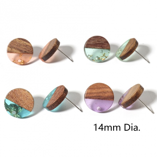 Picture of Wood Effect Resin Ear Post Stud Earrings Findings Round Multicolor With Loop 14mm Dia.