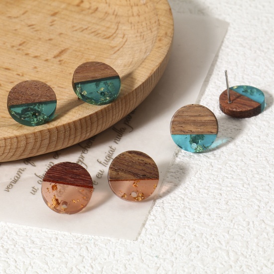 Picture of Wood Effect Resin Ear Post Stud Earrings Findings Round Multicolor With Loop 14mm Dia.