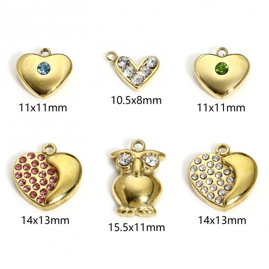 Picture of 304 Stainless Steel Valentine's Day Charms Gold Plated Heart Multicolor Rhinestone