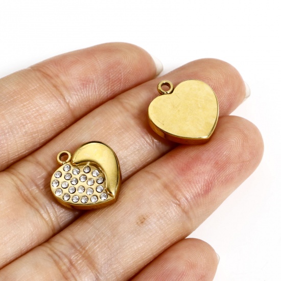 Picture of 304 Stainless Steel Valentine's Day Charms Gold Plated Heart Multicolor Rhinestone