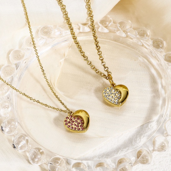 Picture of 304 Stainless Steel Valentine's Day Charms Gold Plated Heart Multicolor Rhinestone