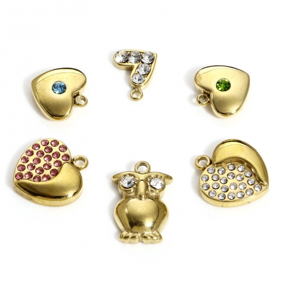 Picture of 304 Stainless Steel Valentine's Day Charms Gold Plated Heart Multicolor Rhinestone