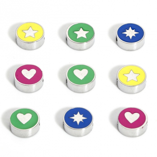 Picture of 304 Stainless Steel Stylish Beads For DIY Charm Jewelry Making Silver Tone Multicolor Round Heart Enamel