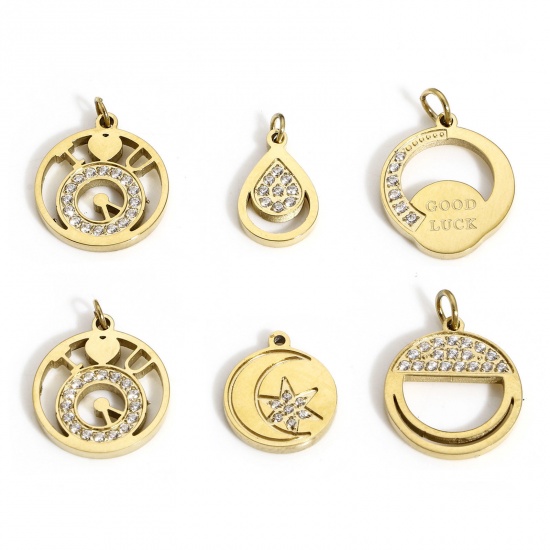 Picture of 316 Stainless Steel Geometry Series Charms Gold Plated Round Moon Clear Cubic Zirconia