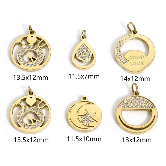 Picture of 316 Stainless Steel Geometry Series Charms Gold Plated Round Moon Clear Cubic Zirconia