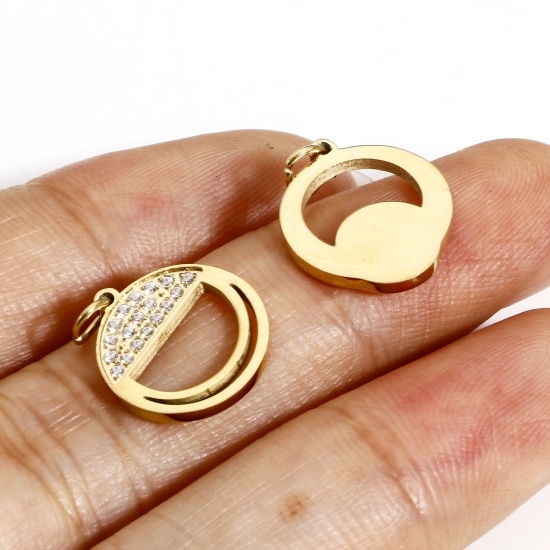 Picture of 316 Stainless Steel Geometry Series Charms Gold Plated Round Moon Clear Cubic Zirconia